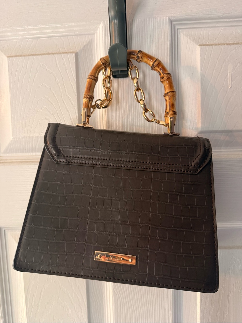 ALDO Brown Croc-Embossed Top Handle Bag with Bamboo Accent - Picture 2 of 3